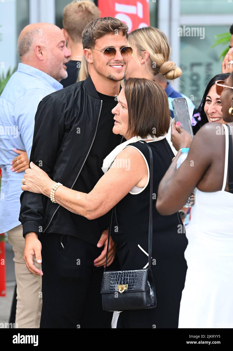 Stansted, UK. 03rd Aug, 2022. August 3rd, 2022. London, UK. Love Island 2022 contestant Luca Bish with friends and family at Stansted Airport. Credit: Doug Peters/Alamy Live News Stock Photo
