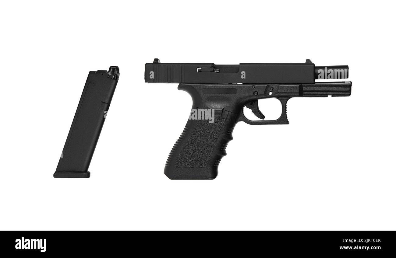 Air gun. Modern pneumatic weapon for air soft, sports and entertainment. A dummy, a copy of a real pistol. Isolate on a white background. Stock Photo