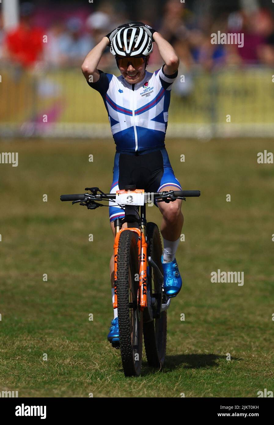 Commonwealth Games - Mountain Bike - Women's Cross-country - Final - Birches Valley, Rugeley, Birmingham, Britain - August 3, 2022 Scotland's Isla Short reacts after finishing in fourth place REUTERS/Hannah Mckay Stock Photo