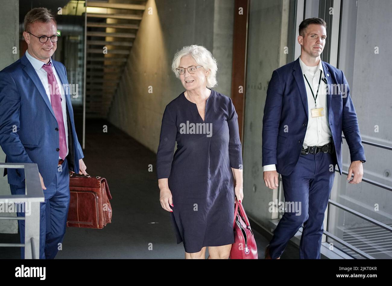Berlin, Germany. 03rd Aug, 2022. Christine Lambrecht (SPD), Federal Minister of Defense, leaves the special session of the Bundestag's Defense Committee. The topics of the secret meeting were the war in Ukraine, the Bundeswehr mission in Mali and the situation in Kosovo and Serbia. Credit: Kay Nietfeld/dpa/Alamy Live News Stock Photo