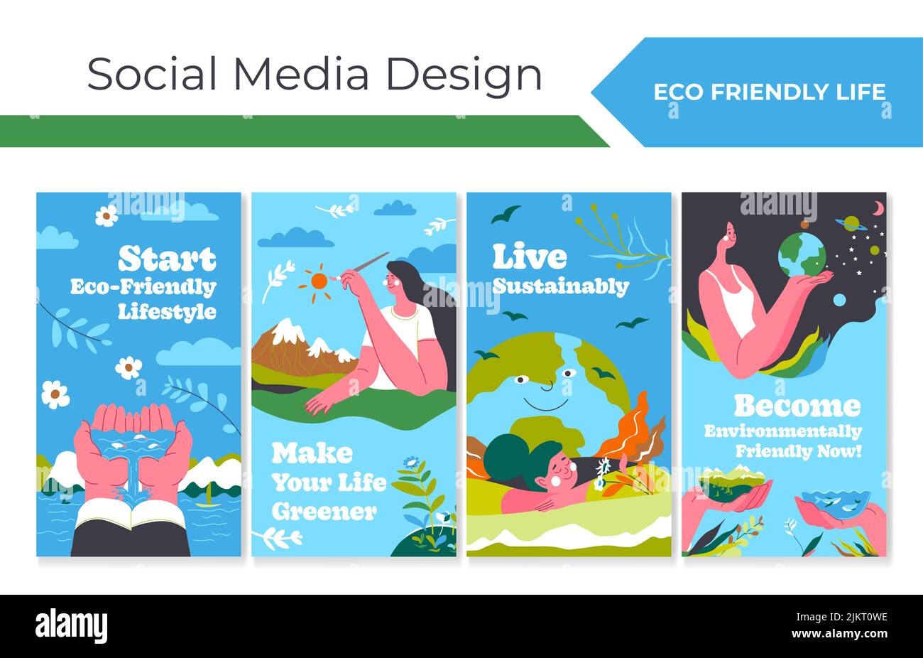Eco friendly life concept at network story set Stock Vector