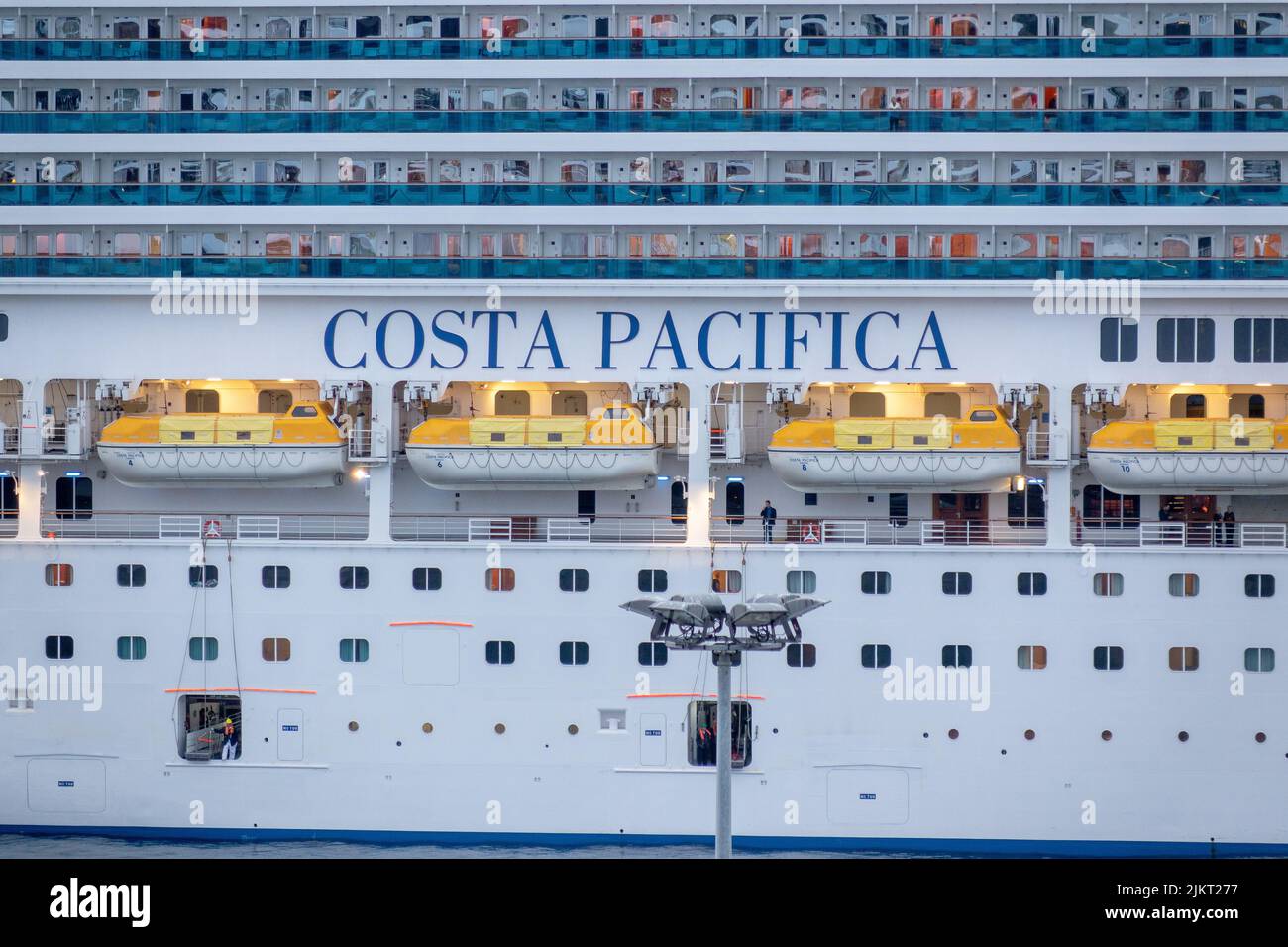 Costa Pacifica Cruise Ship Arriving In Genoa Italy Cruise Port At Dusk Close Up Of Cabins And Costa Cruise Ship Name Stock Photo