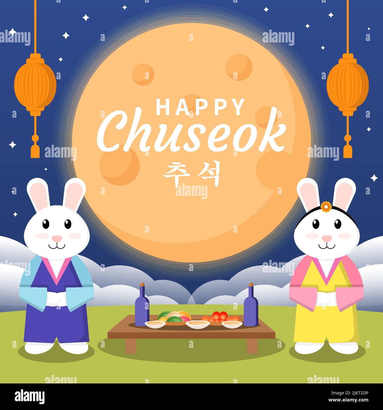 korea chuseok illustration with two rabbits used traditional clothes ...