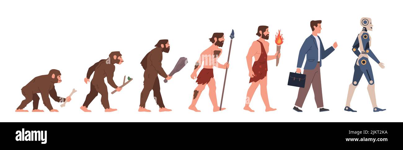 Man evolution. Human ancestor, step by step development, gradual biological genetic changes, from monkey to robot stages, human anthropology concept Stock Vector