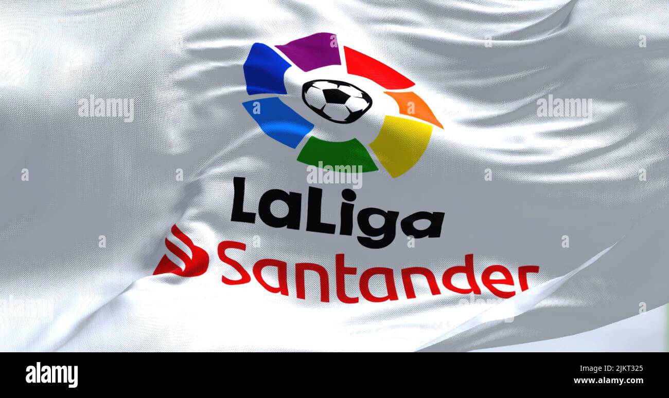 Madrid, SPA, July 2022: Close-up of the La Liga flag waving in the wind. La Liga is the men's top professional football division of the Spanish footba Stock Photo