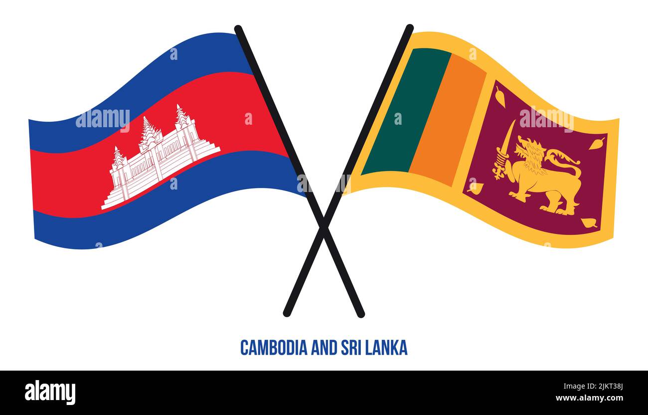 Cambodia and Sri Lanka Flags Crossed And Waving Flat Style. Official Proportion. Correct Colors