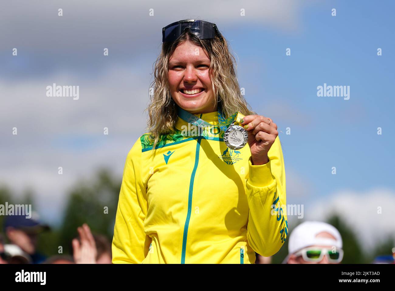 Australia's Zoe Cuthbert celebrates on the podium with her silver medal she won in the Women's Cross-country final at Cannock Chase on day six of the 2022 Commonwealth Games. Picture date: Wednesday August 3, 2022. Stock Photo