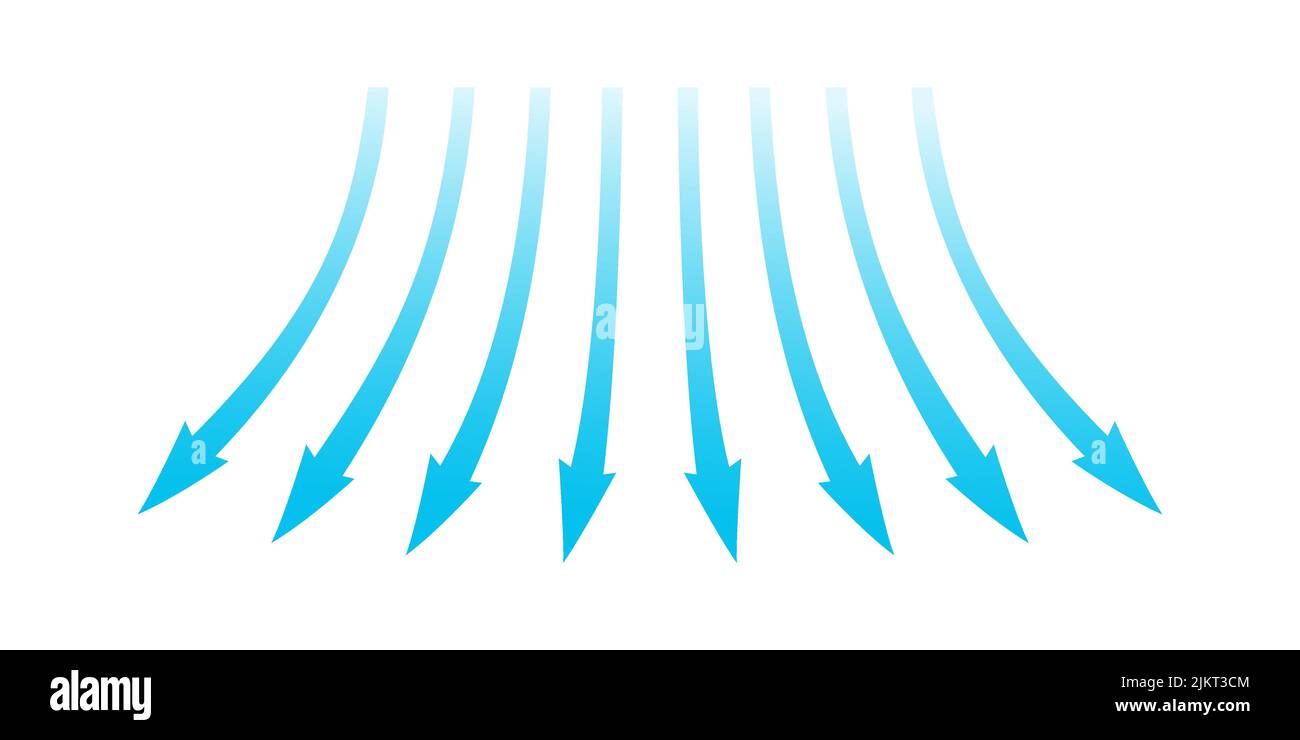 Air flow. Blue arrows showing direction of air movement. Wind direction arrows. Blue cold fresh