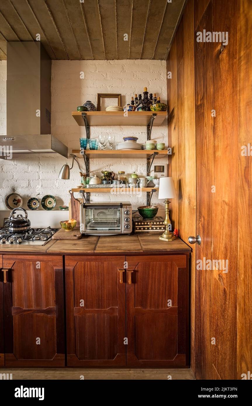 modern kitchen japandi style, kitchen shelves in natural wood, oak