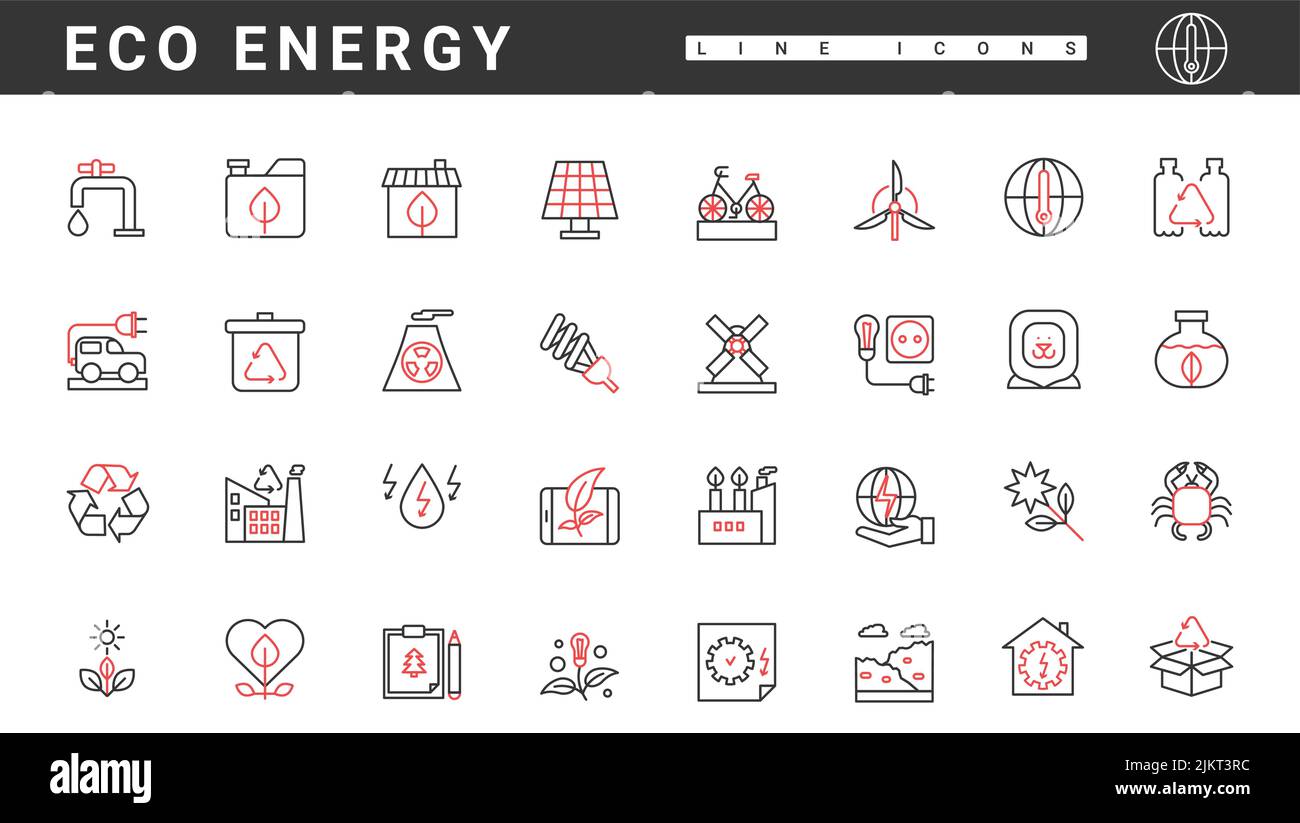 Green eco energy, thin red and black line icons set vector illustration ...
