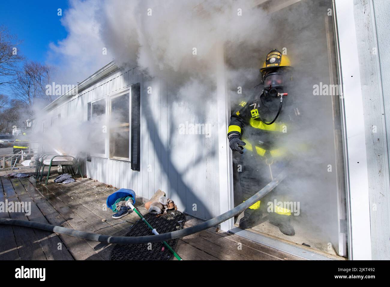 A fire Safety Officer exits the home as at 12:26 p.m. on Wednesday, February 28th, 2018, members of the East Hampton Fire Department responded to the Stock Photo