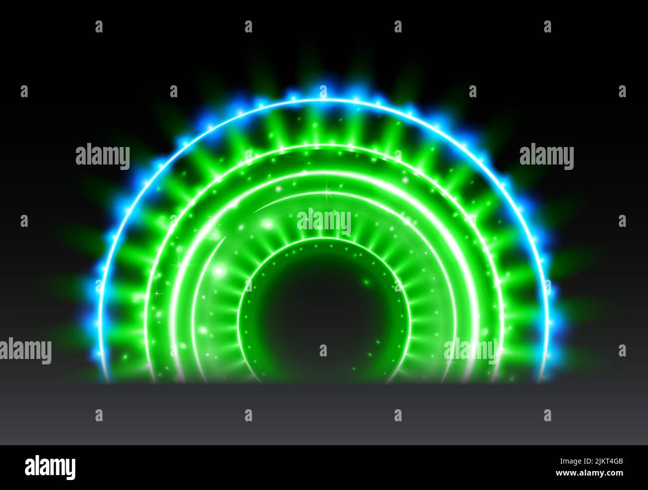 Green magic arc. Abstract magic light effect. Luminous neon arch lines with flying lights Stock