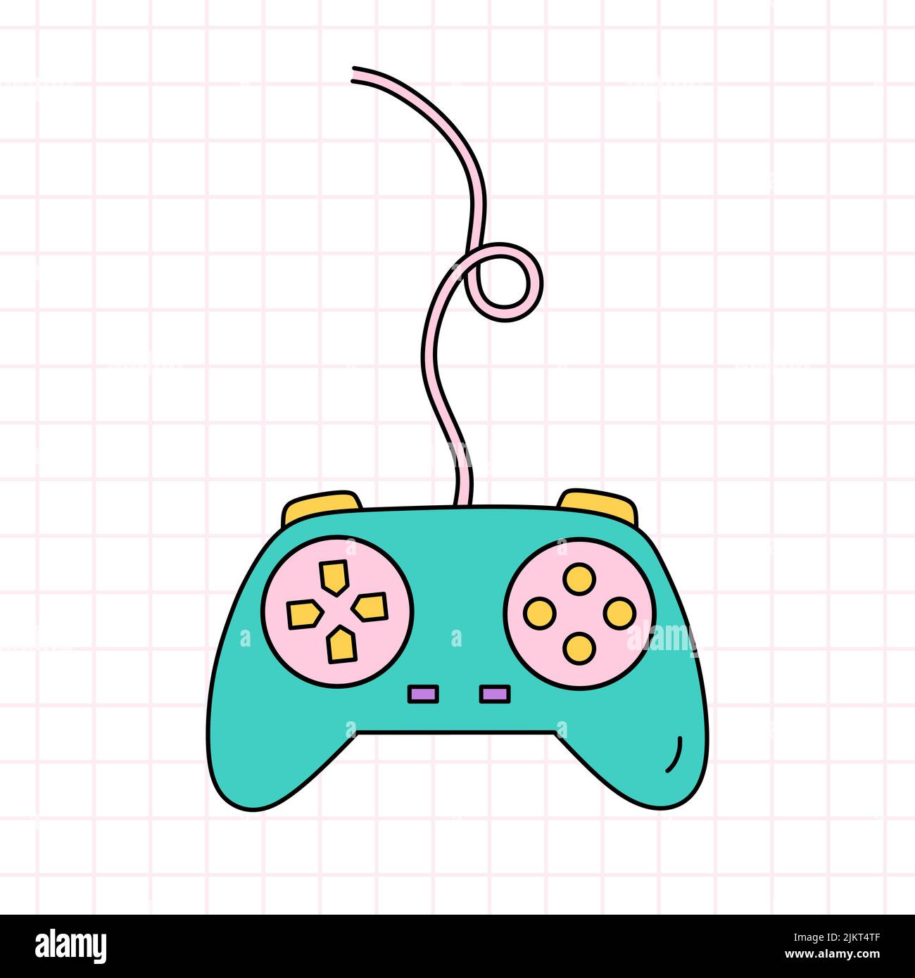 Video game controller, joystick gamepad in bright colors..Vector hand-drawn doodle illustration isolated on checkered background. Perfect for cards Stock Vector