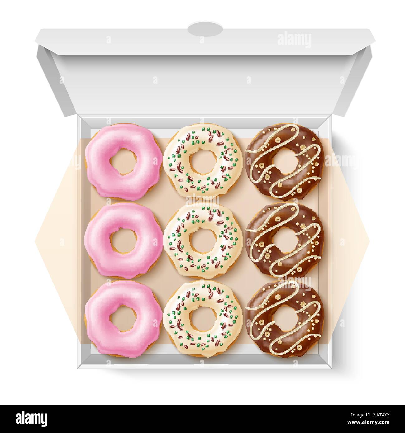 Donuts box. Realistic sweet pastries with different types glazes and sprinkles in cardboard package, caloric fast food. Vanilla, strawberry and Stock Vector