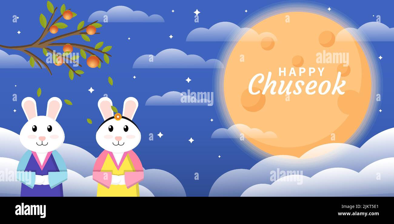 happy chuseok illustration background with full moon and two rabbits ...