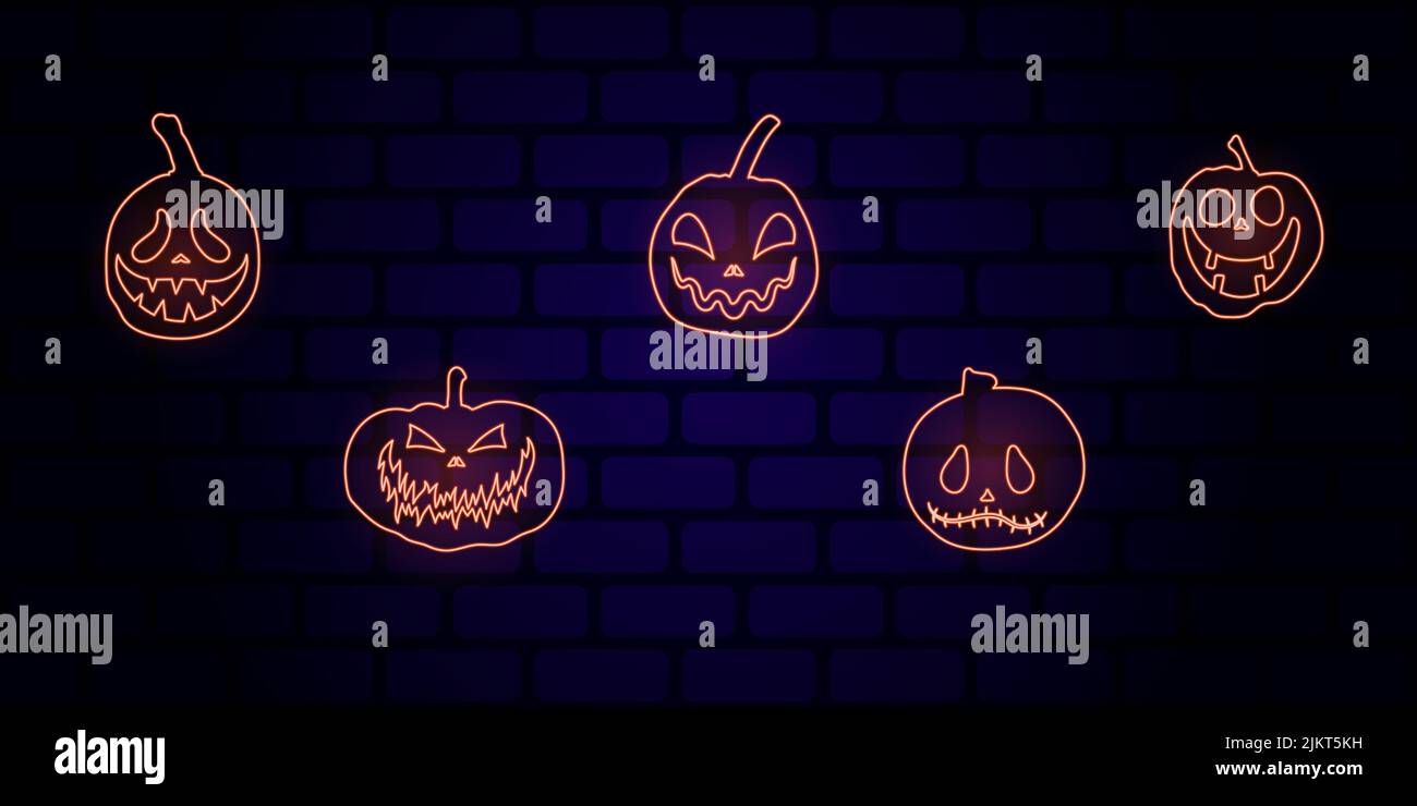 Set of Halloween pumpkins with scary glowing faces. Vector flat style ...
