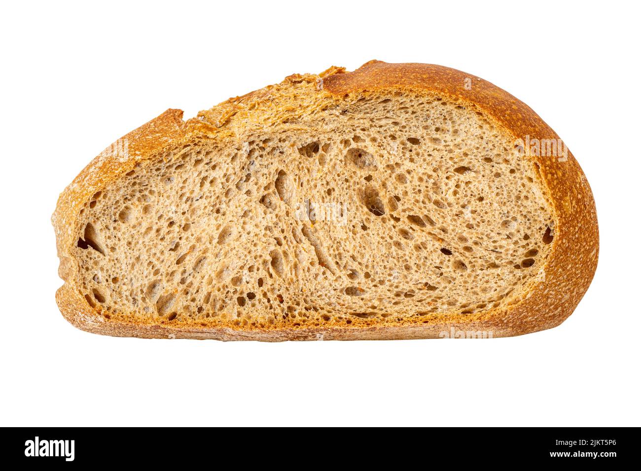 One slice of cutted grain bread with bran and dietary fiber isolated on ...