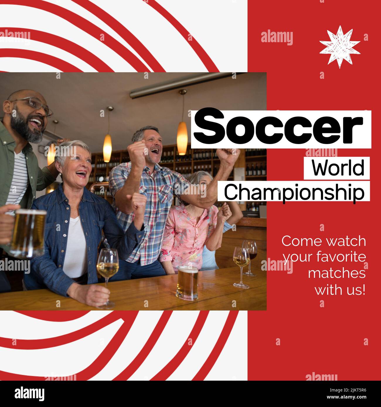 Image of soccer world championship over diverse soccer fans cheering in pub Stock Photo