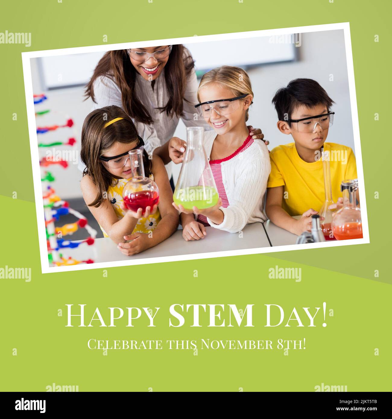 Composition of happy stem day text and photo of diverse school children in laboratory Stock Photo