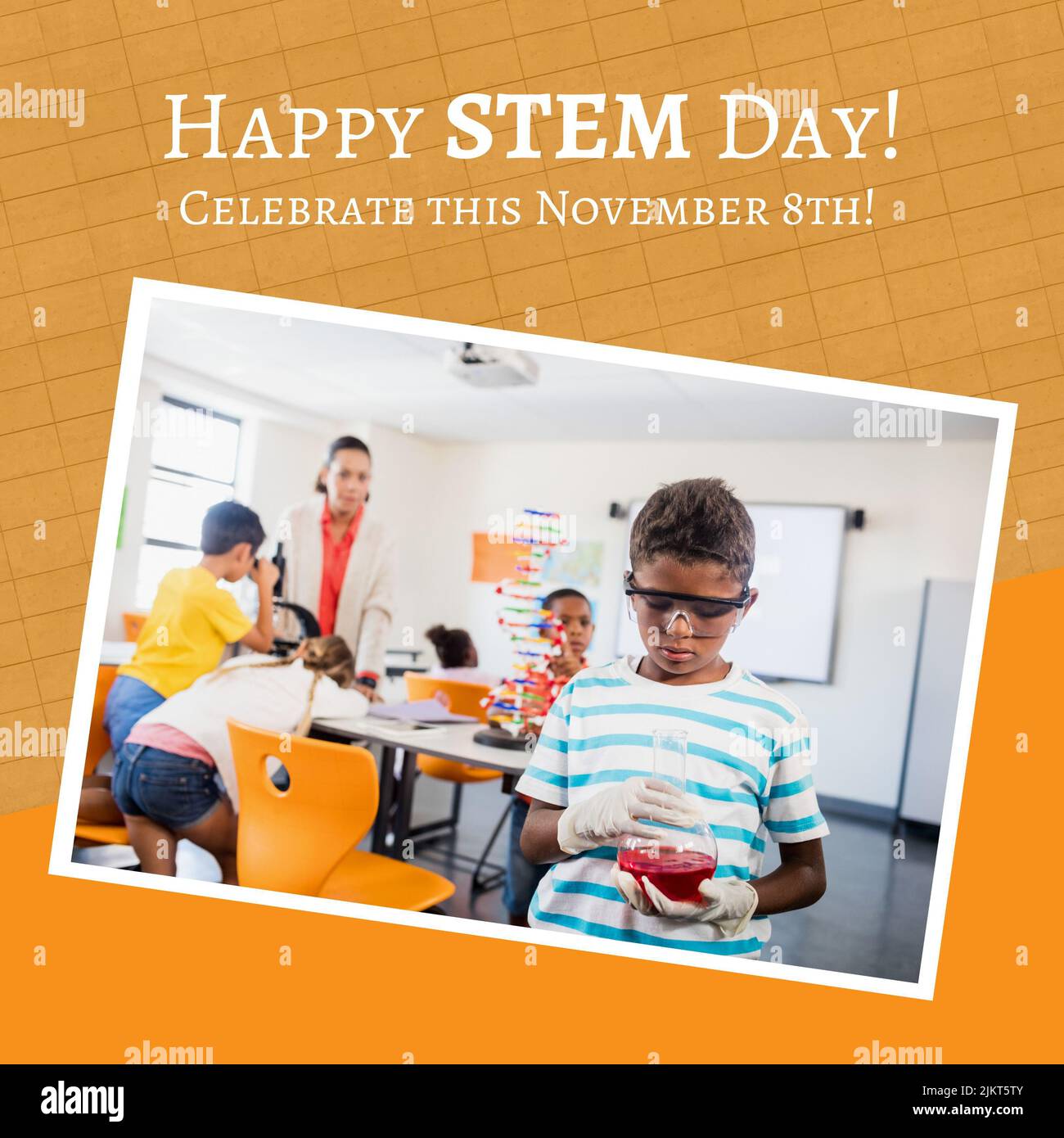 Composition of happy stem day text and photo of biracial boy holding laboratory beaker at school Stock Photo