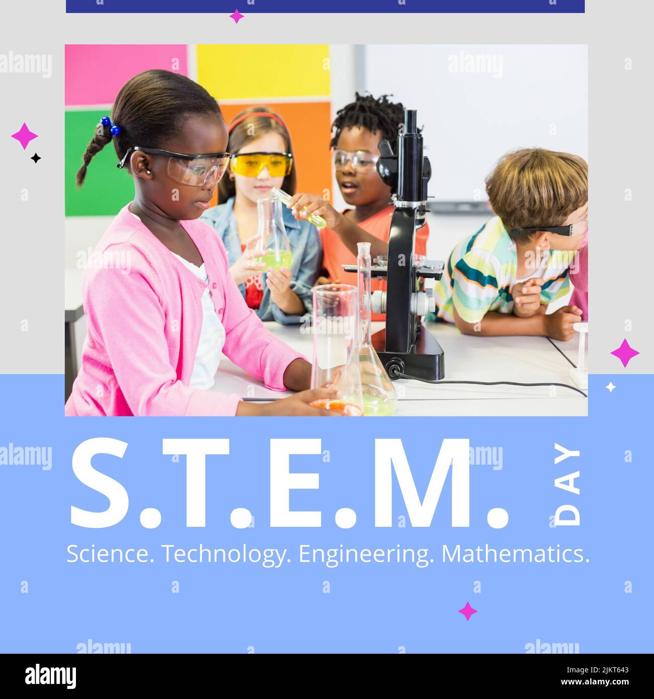 Square image of stem day text and diverse schoolchildren in science class Stock Photo