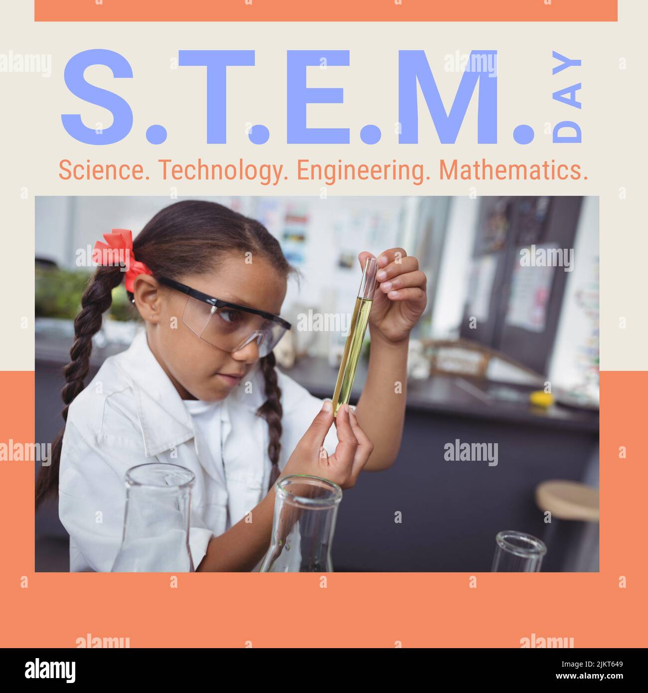 Square image of stem day text with biracial schoolgirl in chemistry class Stock Photo