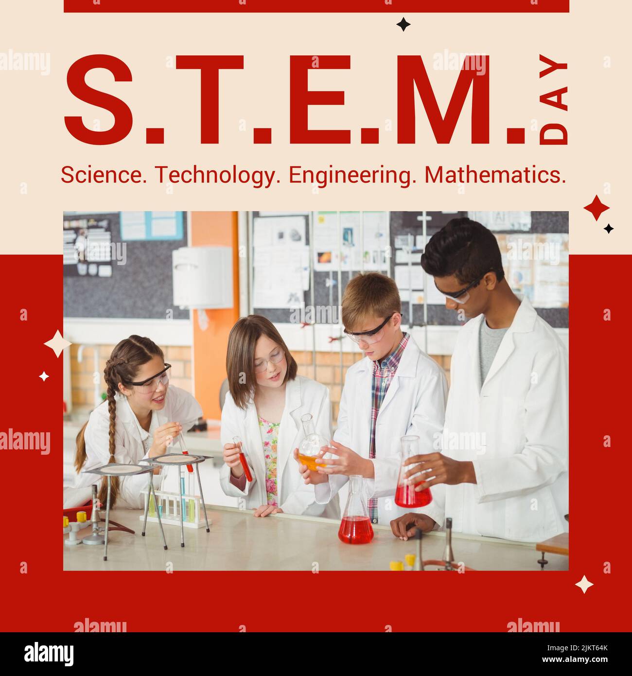 Square image of stem day text with diverse school pupils in chemistry lab Stock Photo
