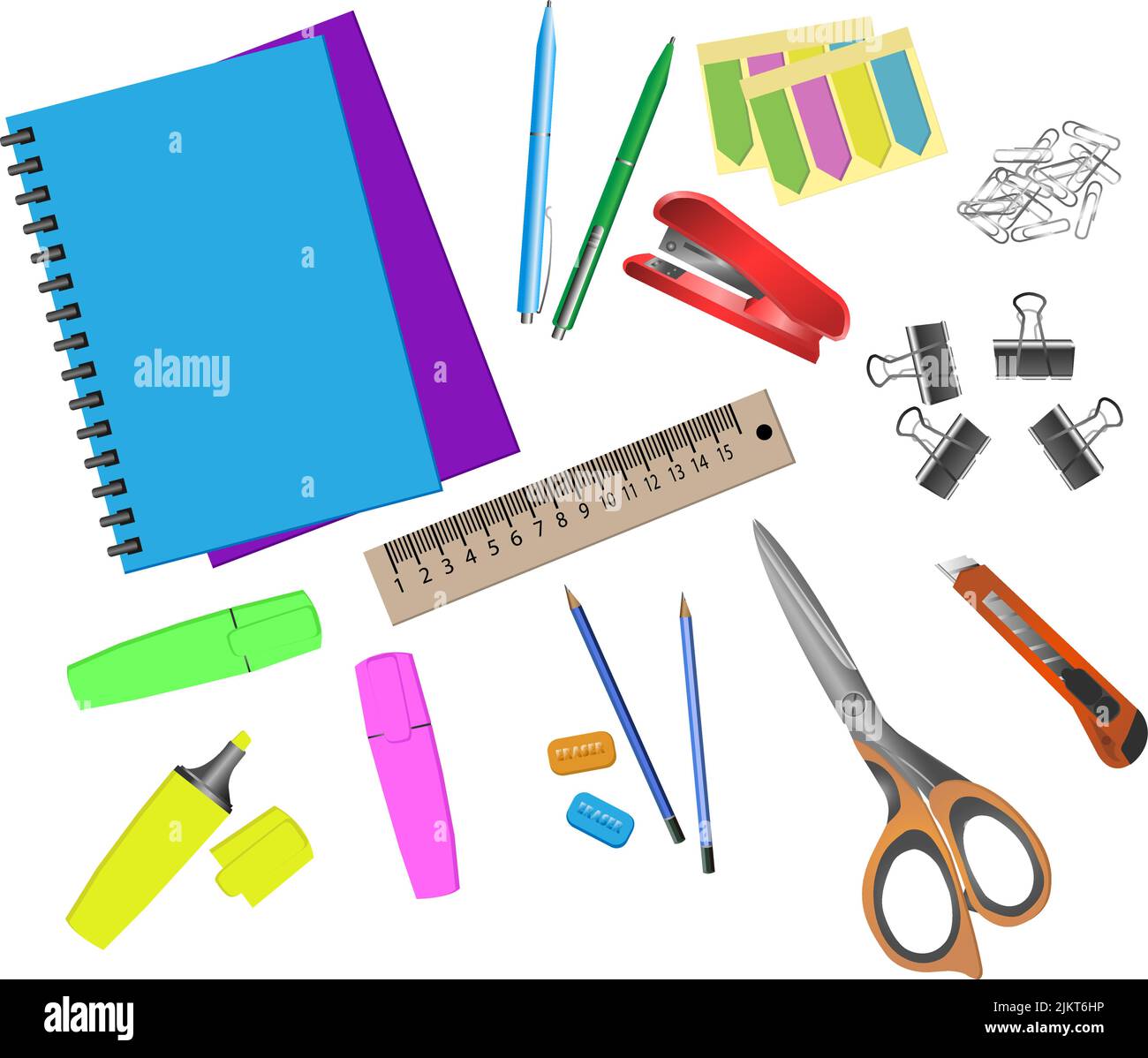 Set of colorful stationery for office and school , scissors, knife, pen ...