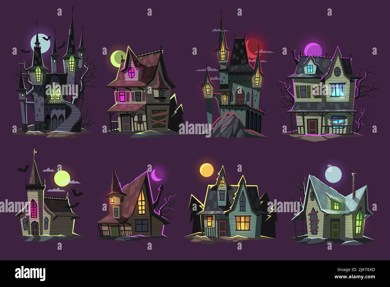 Cartoon horror house set. Scary haunted buildings, ghosted halloween creepy castles, gothic spooky homes, mysterious moonlight in forest, dark mystery Stock Vector