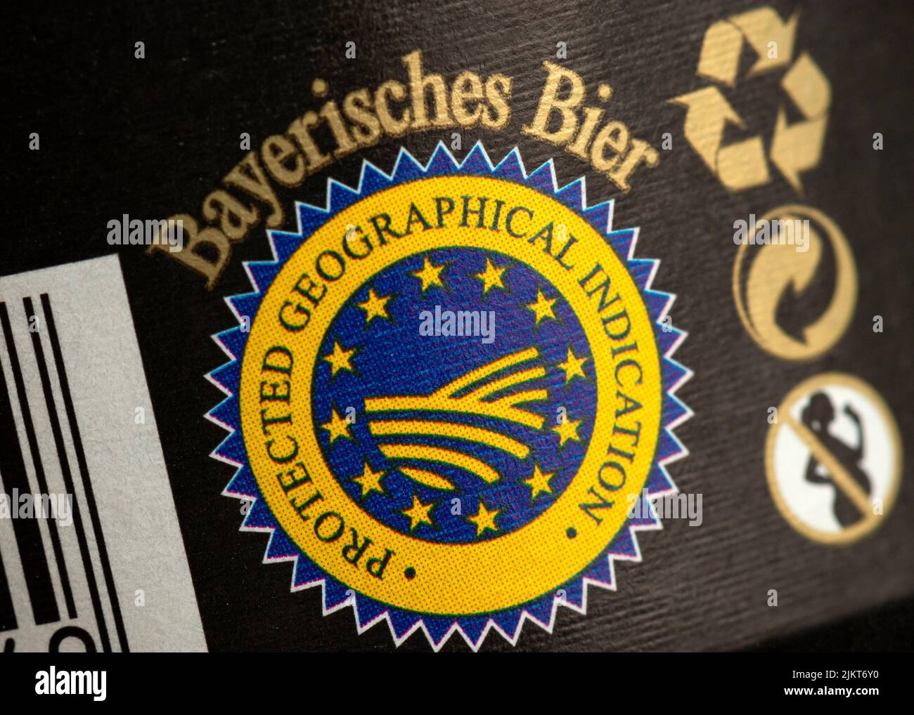 Protected Geographical Indication mark on German beer label close up detail Stock Photo