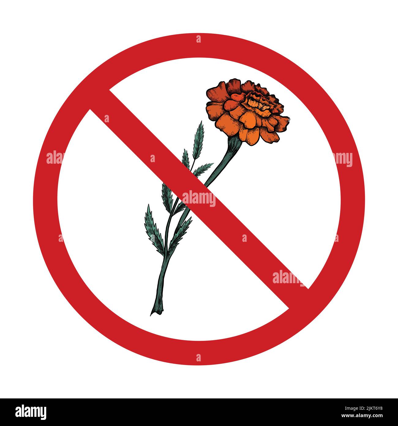 Vector prohibition sign with flower sketch. Marigolds in the forbidden sign. Don t pick flowers. Rare plants. Allergy danger. Holiday on ban Stock Vector