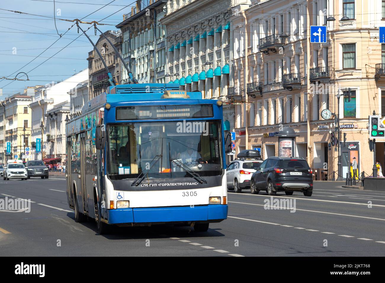 SAINT PETERSBURG, RUSSIA - JUNE 06, 2021: City trolleybus on Nevsky prospect on a sunny June day Stock Photo