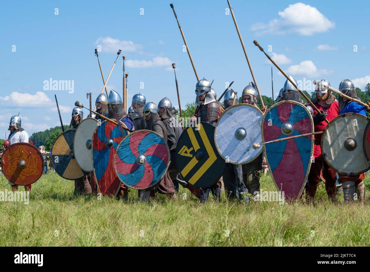 TVER REGION, RUSSIA - JULY 23, 2022: Warriors of the early Middle Ages before the battle. Historical reconstruction. Festival 'Epic Coast - 2022' Stock Photo