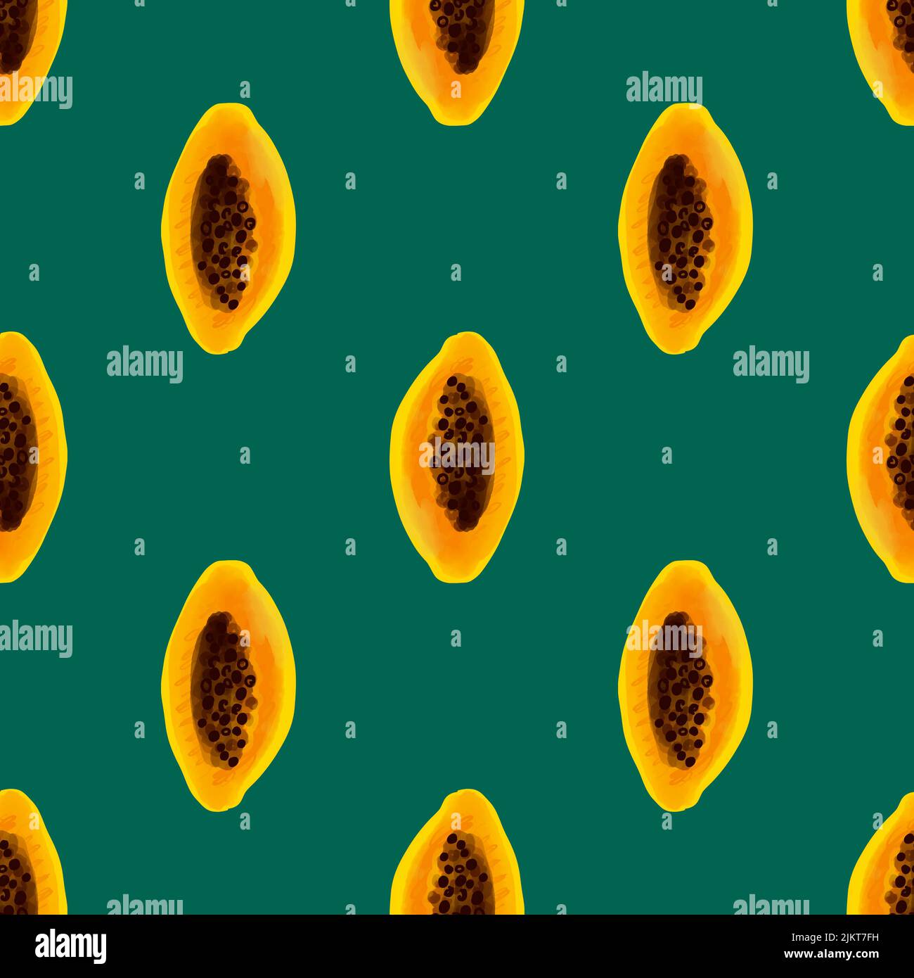 Seamless pattern with illustration of a papaya fruit on a green background Stock Vector