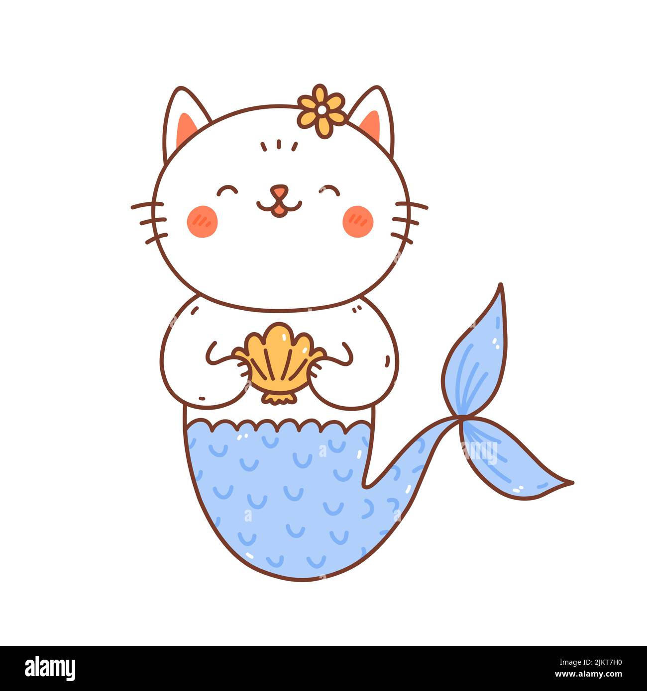 Cute smiling mermaid cat isolated on white background. Vector hand-drawn illustration in kawaii style. Perfect for cards, print, t-shirt, poster, deco Stock Vector