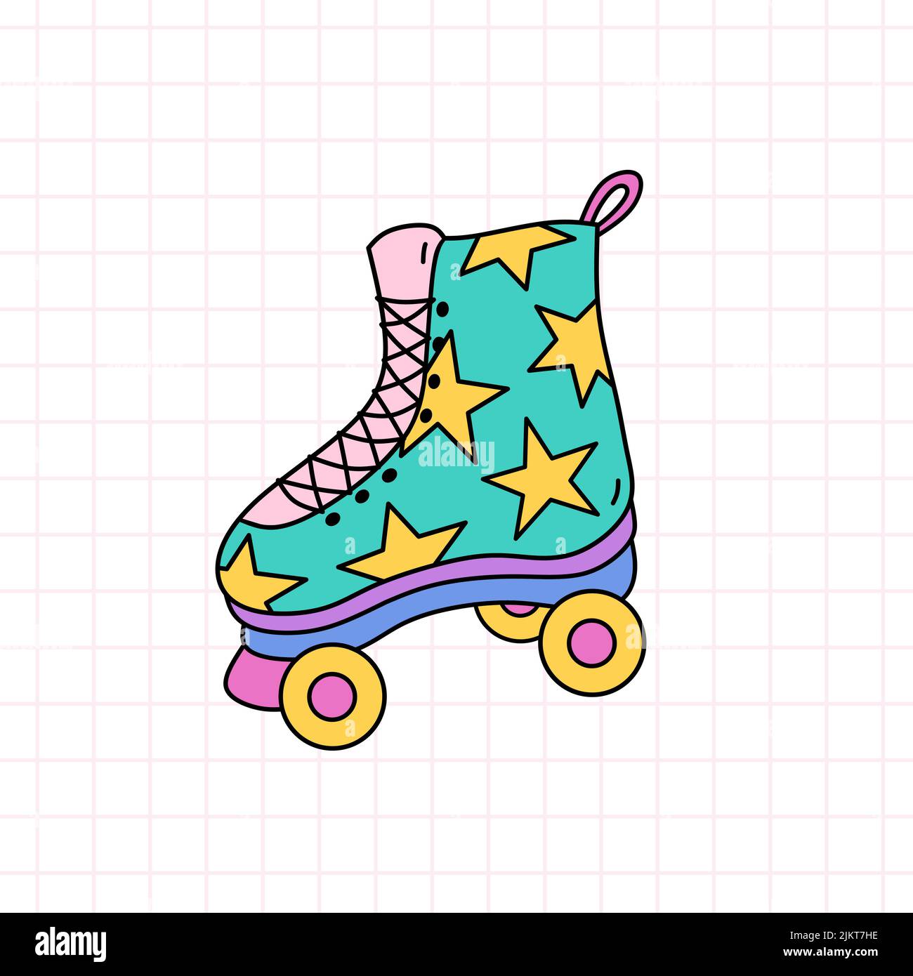 Bright quad roller skate with stars. Vector handdrawn doodle