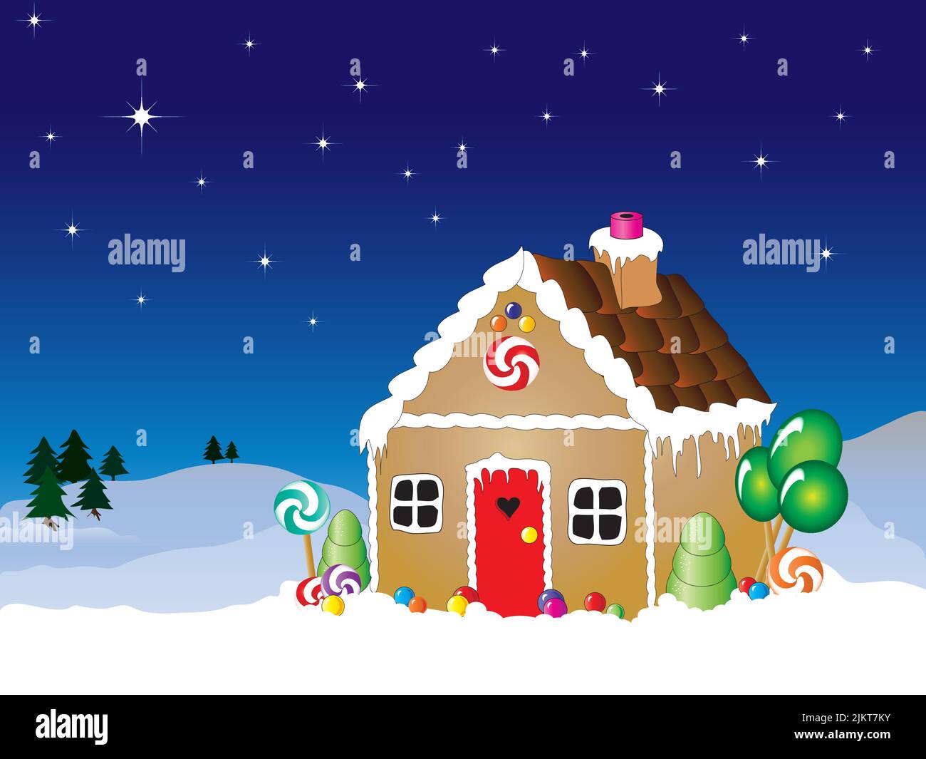 Vector illustration of a gingerbread house snow scene with star filled sky. Stock Vector