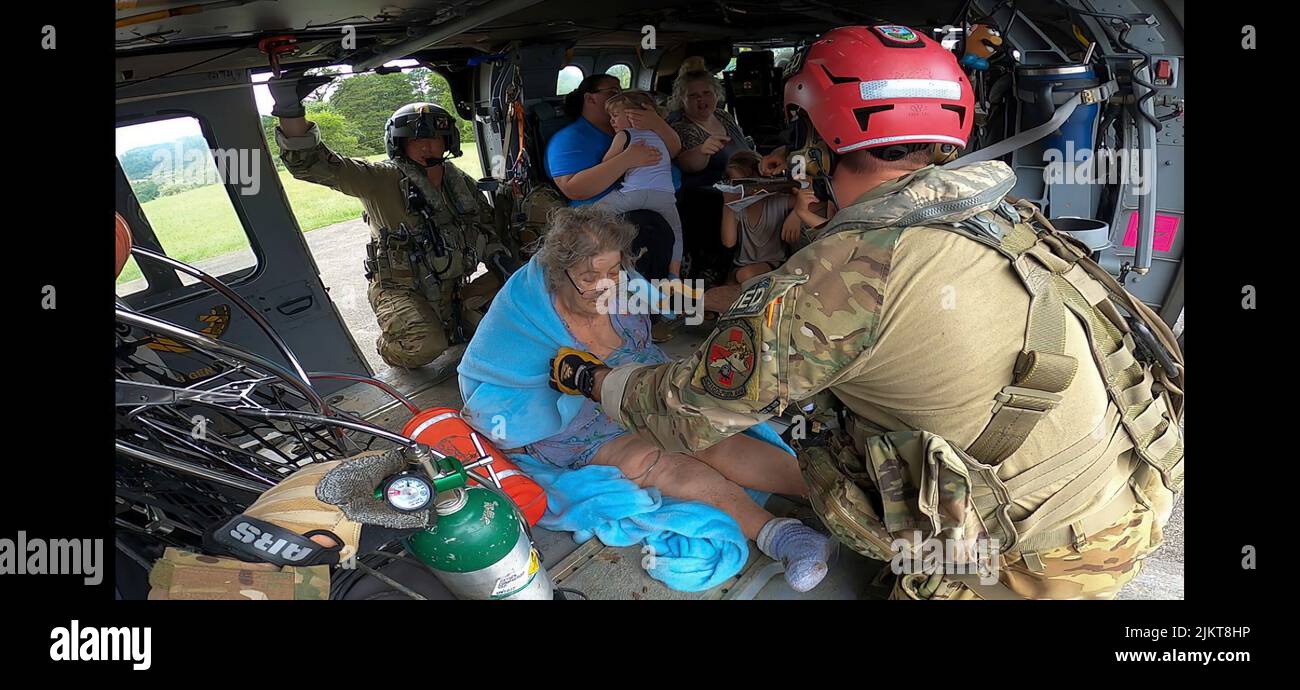 Kentucky National Guard Soliders and Airmen aided in flood relief efforts in response to a declared state of emergency in eastern Kentucky in late July 2022. (Courtesy Footage) Stock Photo