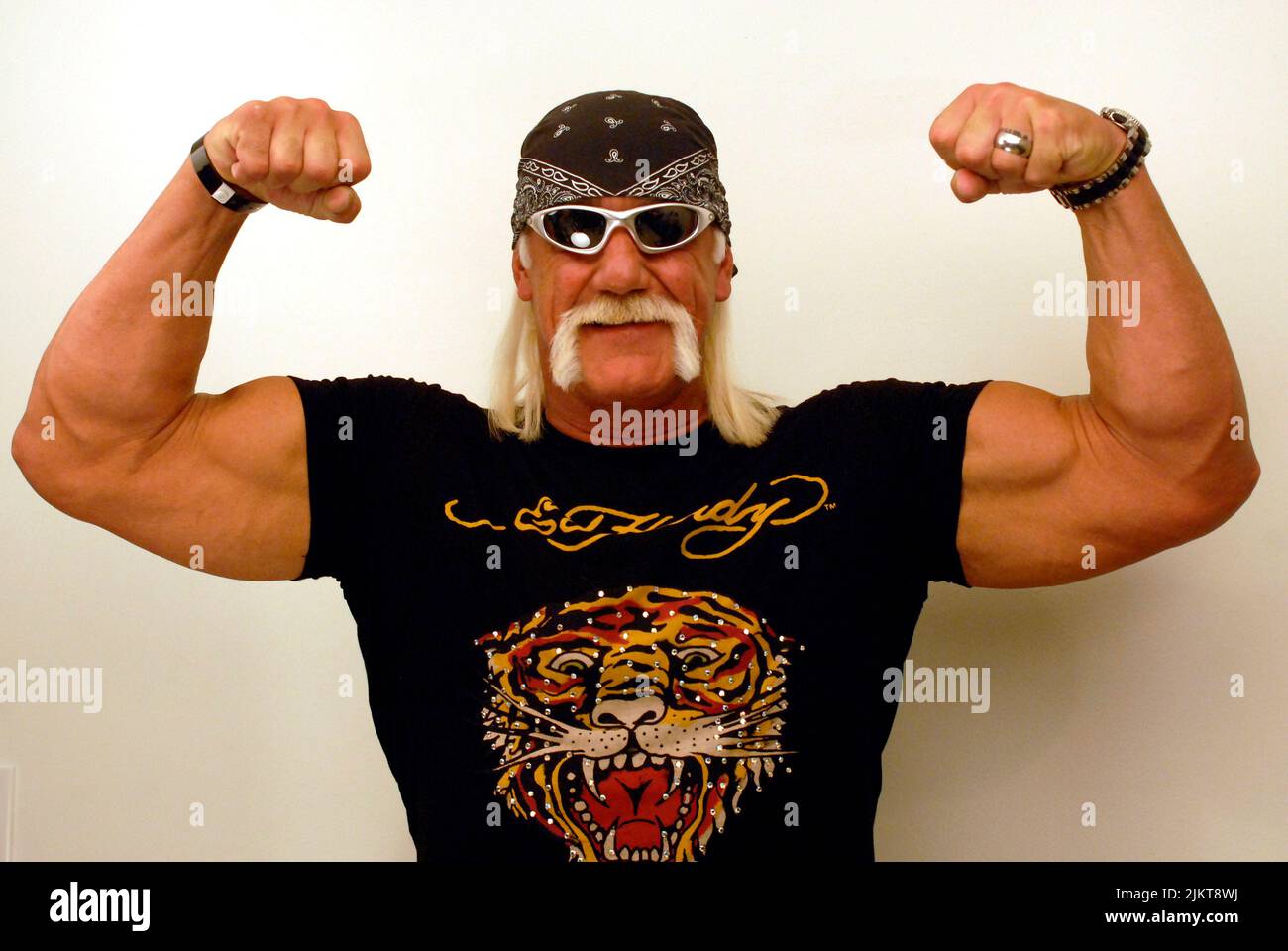 An American professional wrestler Hulk Hogan wearing a classic Ed Hardy t-shirt Stock Photo