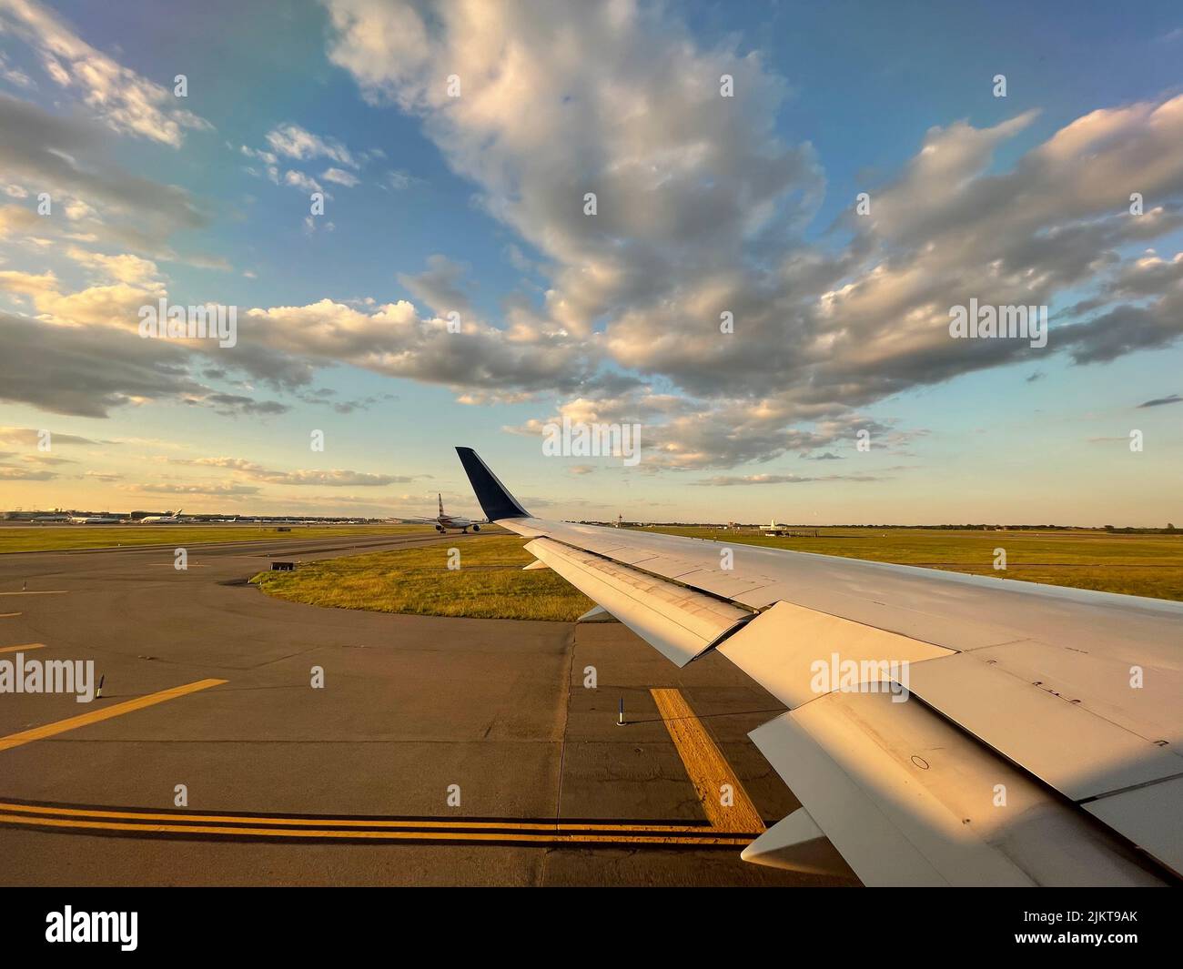 A perspective shot of the wing of the airplane from the inside. Stock Photo