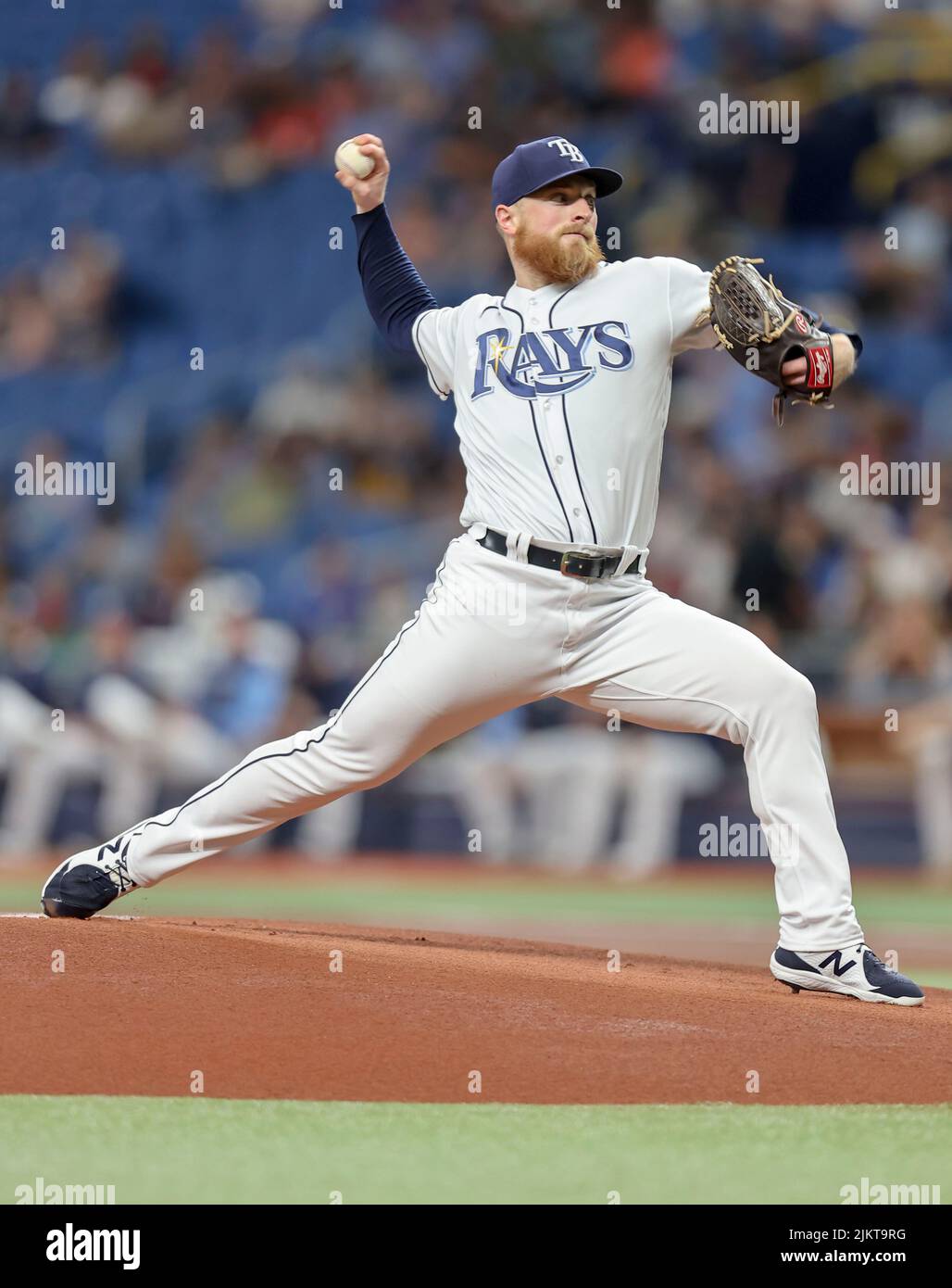 St. Petersburg, FL. USA;  Tampa Bay Rays starting pitcher Drew Rasmussen (57) delivers a pitch during a major league baseball game against the Toronto Stock Photo