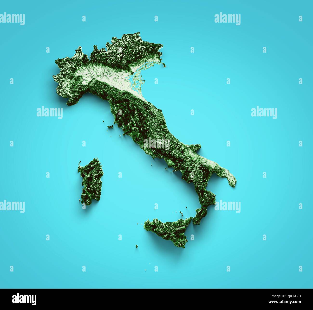 Italy 3d landscape with shadows, transparent water relief map Italy 3d illustration Stock Photo