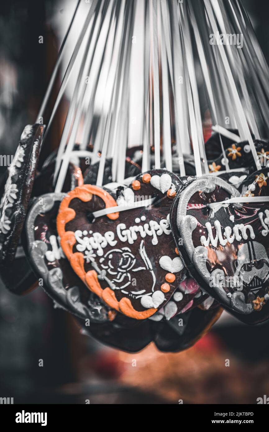 A closeup of handmade heart-shaped decorations Stock Photo