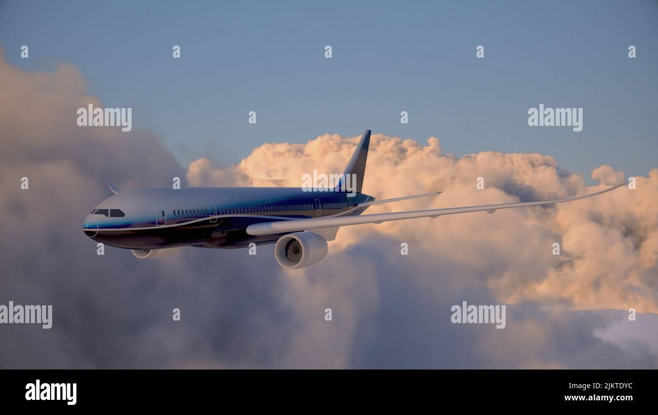 A 3d render design of Passenger aircraft is flying on isolated cloudy ...