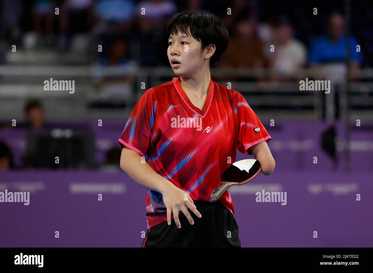 Commonwealth Games - Para Table Tennis - Women's Singles Classes 6-10 - Group 1 - The NEC Hall 3, Birmingham, Britain - August 3, 2022 Malaysia's Gloria Gracia Wong Sze reacts during her match against India's Baby Sahana Ravi REUTERS/Jason Cairnduff Stock Photo