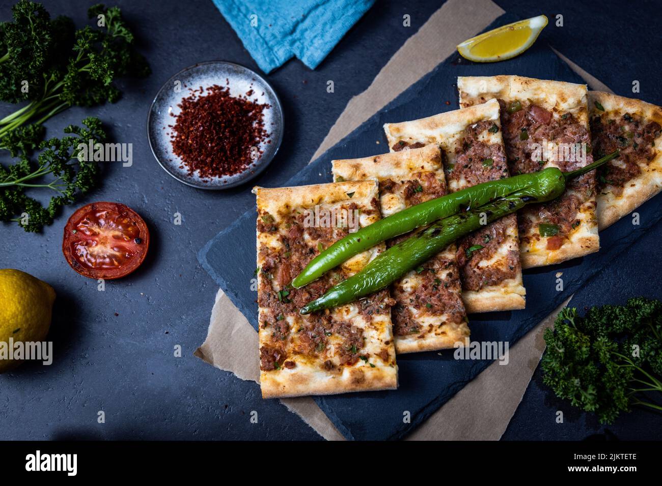 A top view of meat pide Stock Photo