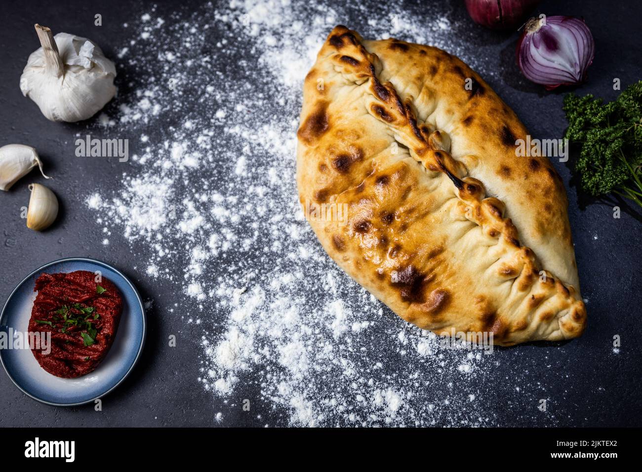 A top view of a fresh calzone Stock Photo