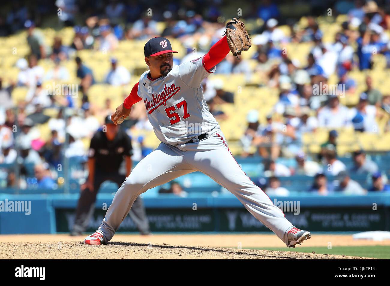 Los Angeles, United States. 27th July, 2022. Washington Nationals pitcher Andres  Machado (57) pitches during a MLB baseball game against the Los Angeles  Dodgers, Wednesday, July 27, 2022, in Los Angeles. The