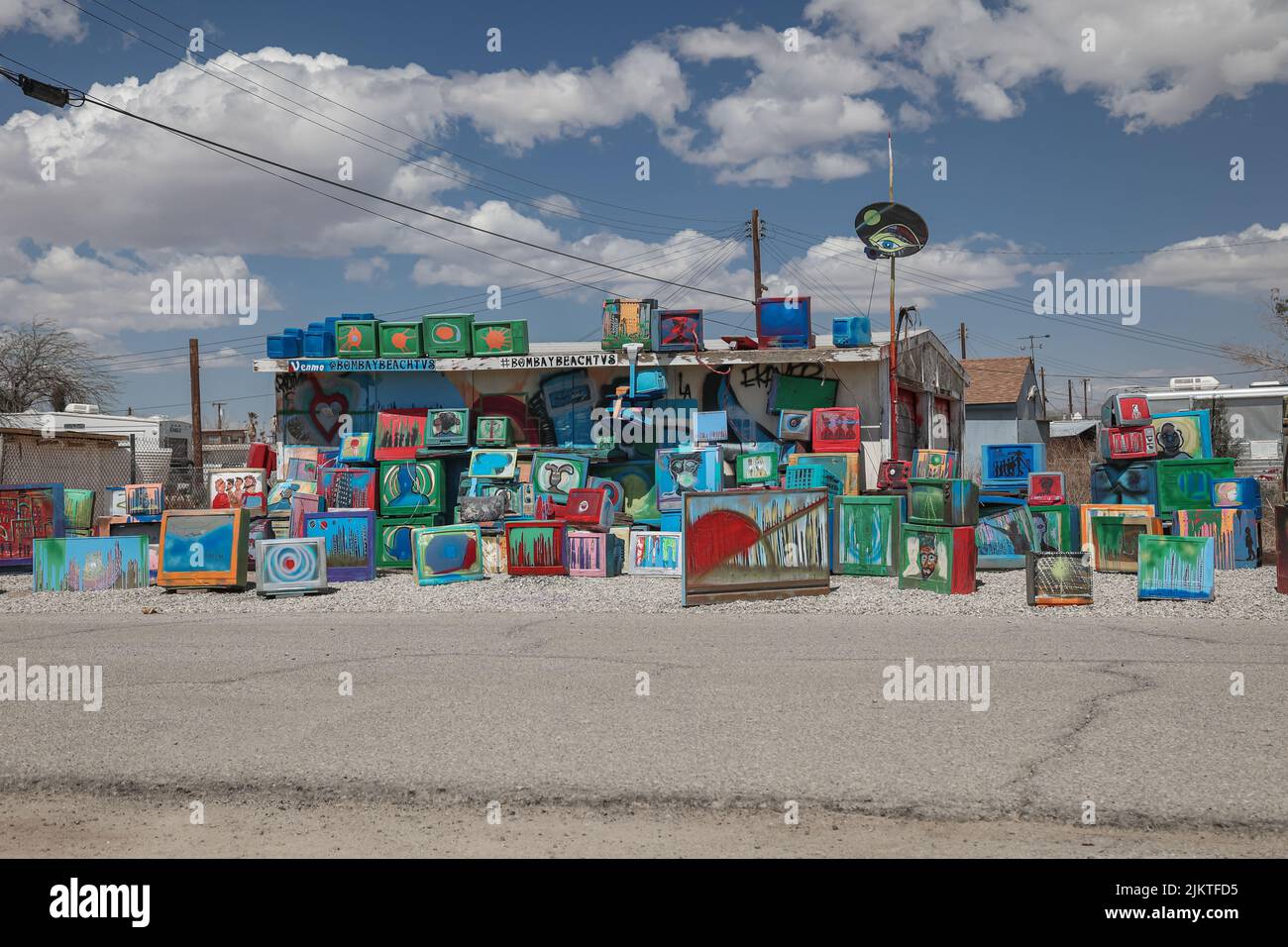 An abandoned lot is one of the spaces transformed with public installations of art in the town of Bombay Beach. Stock Photo