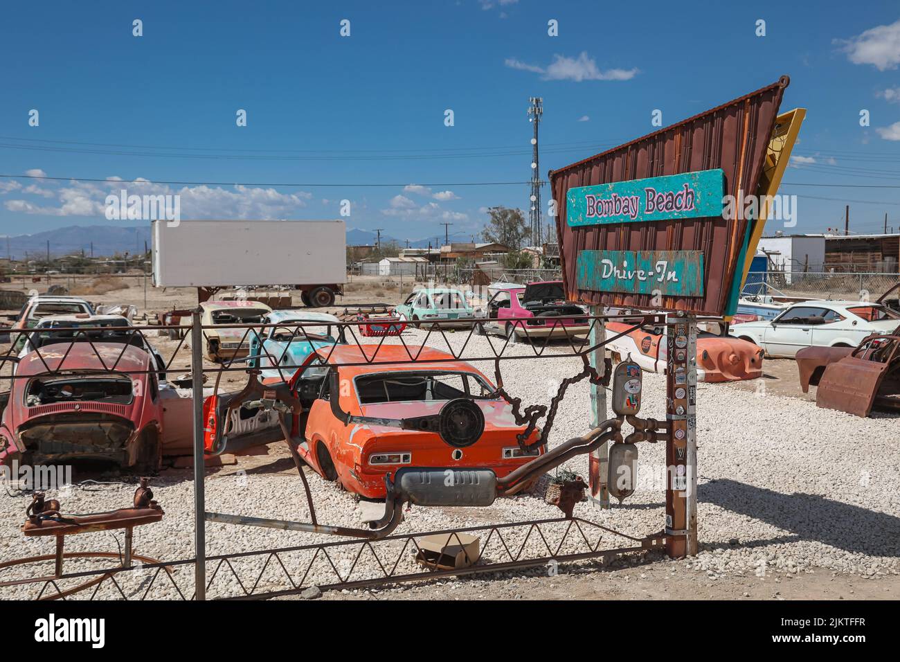 The Bombay Beach Drive-In Theater uses abandoned cars in this outdoor installation in Imperial County. Stock Photo